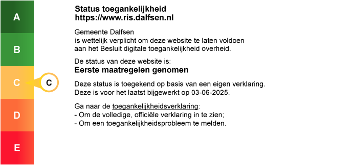 Status toegankelijkheidslabel van Raadsinformatiesysteem gemeente dalfsen. Volg de link voor de volledige toegankelijkheidsverklaring.